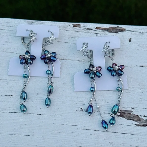 E246 Handmade Freshwater Pearl Flower Huggies Earrings - Picture 11 of 11